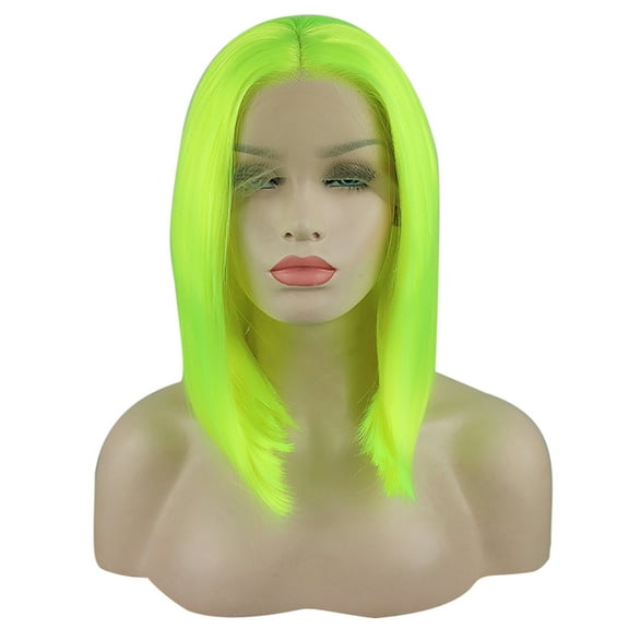 Unique Bargains Lace Front Wigs for Women 16" Fluorescent Green Medium Long Straight Bob with Wig Cap