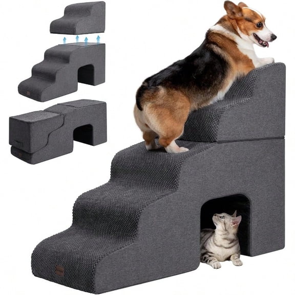Dog Stairs For High Beds With Tunnel 5Step Dog Steps For Small Dogs And Cats Foldable Pet Stairs For High Bed Climbing NonSlip Balanced Pet Step Indoor Dark Grey