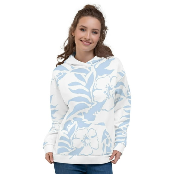 Unisex Floral Hibiscus Carolina Blue Fleece Hawaiian Pullover Hoodie Beach Sweatshirt