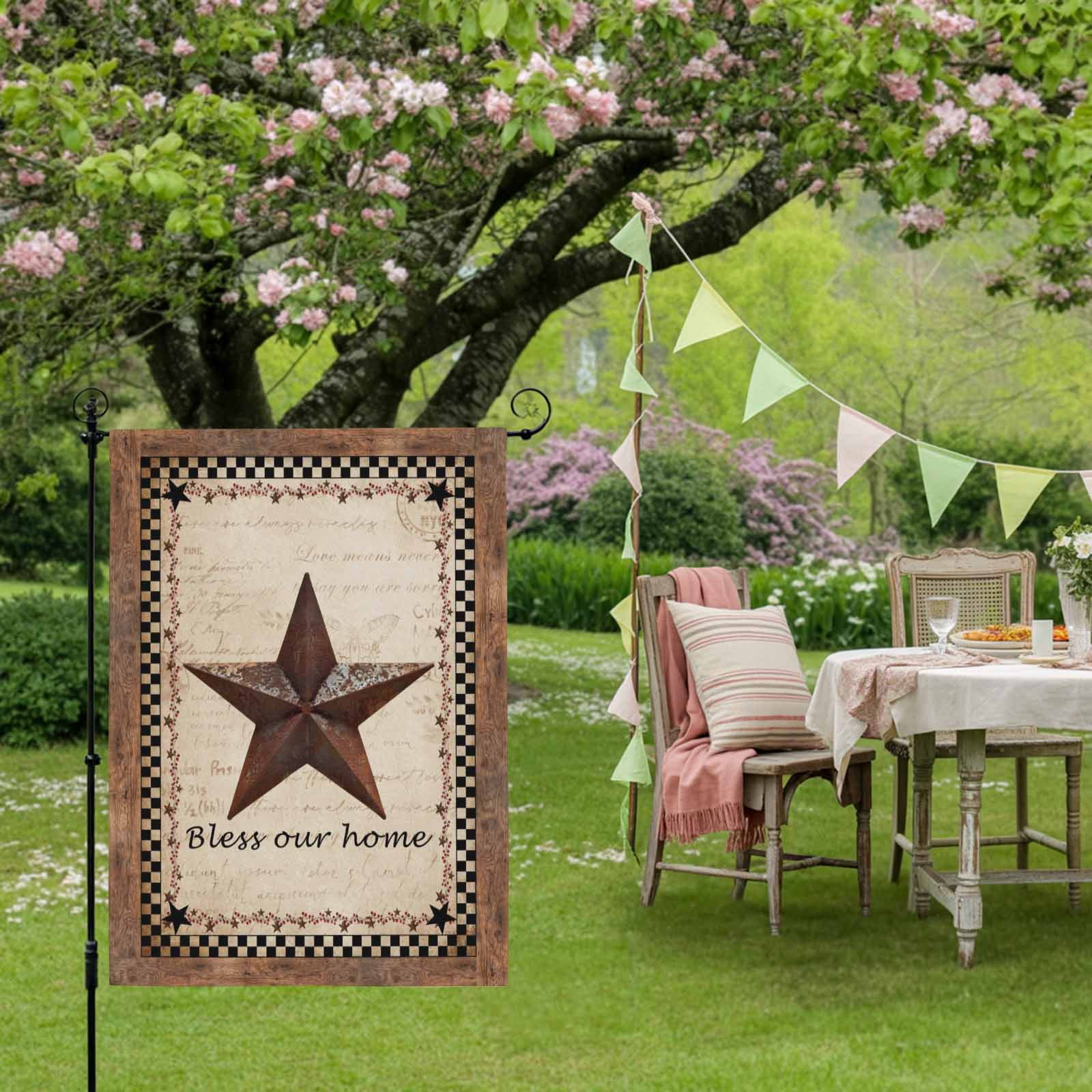 Retro Star House Flag 28 x 40 Inches, Bless Our Home Black Plaid Vintage Letter Farms Weather Proof Outdoor Patio Flags Double Sided Small House Decoration for Yard Lawn Outside Home