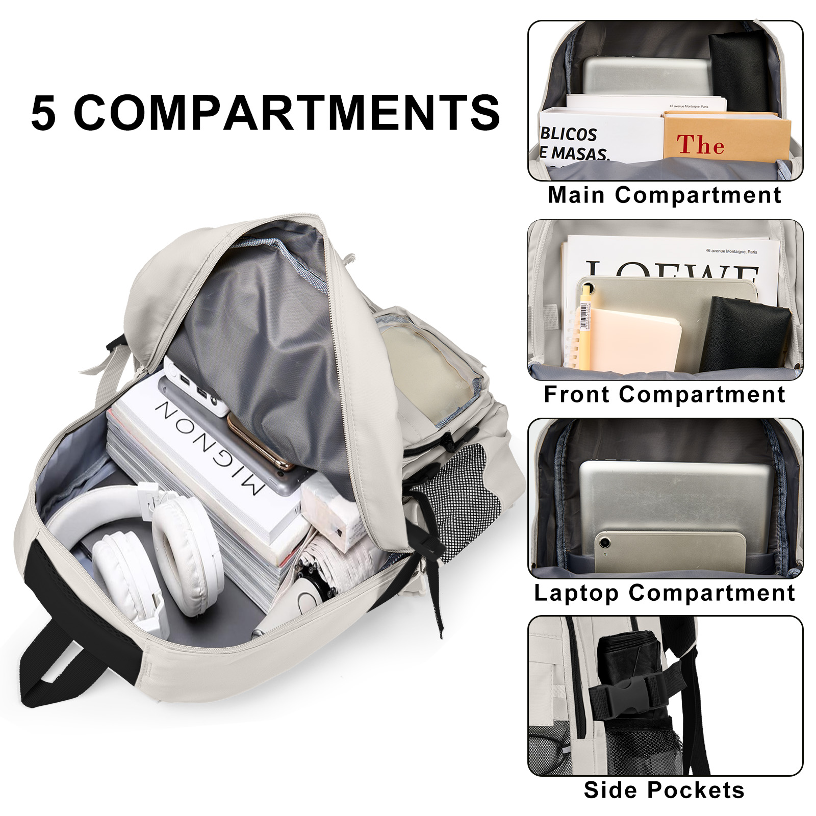 Mochila escolar para preparatoria y universidad, resistente, grande, ligera, para viajes, gris 3