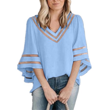 White Stripe V-neck Top - Plus Size Women V-neck Chiffon Tops Mesh Patchwork Blouse