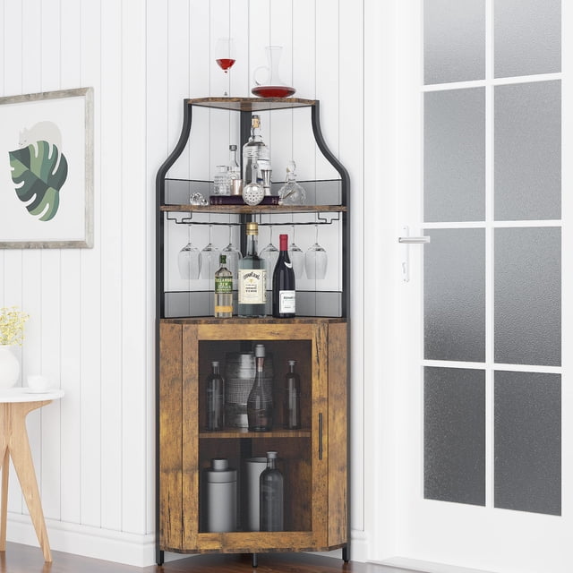 Kojooin Corner Wine Cabinet with Removable Wine Rack, Wine Bar Cabinet with Barn Door and Adjustable Shelves, Industrial Wine Cabinet for Dining Room, Living Room,Kitchen