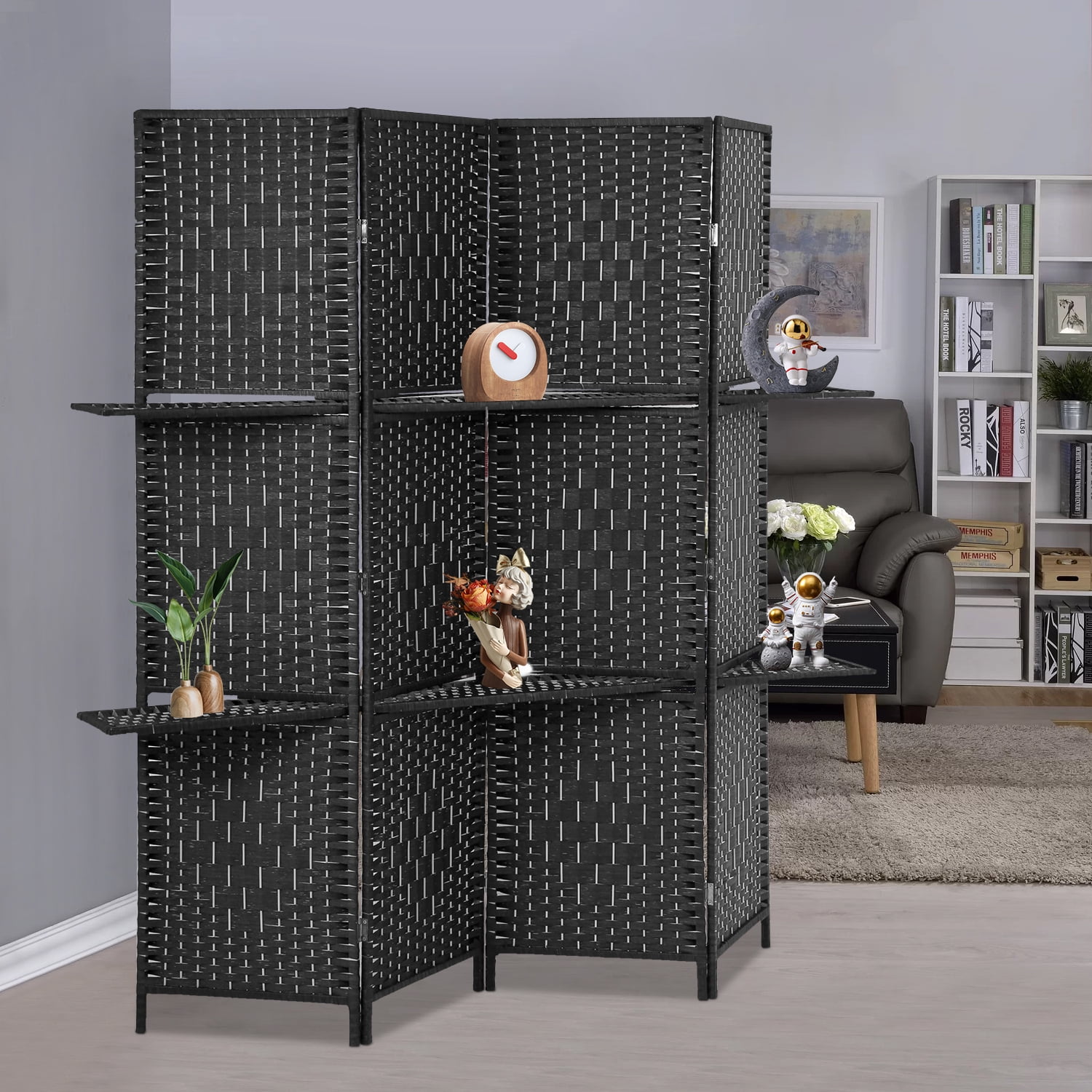 YRLLENSDAN 4 Panel Room Divider Wall, Room Partitions and Dividers Freestanding Portable Wall Room Partition Folding Room Divider with Removable Storage Shelves, Black