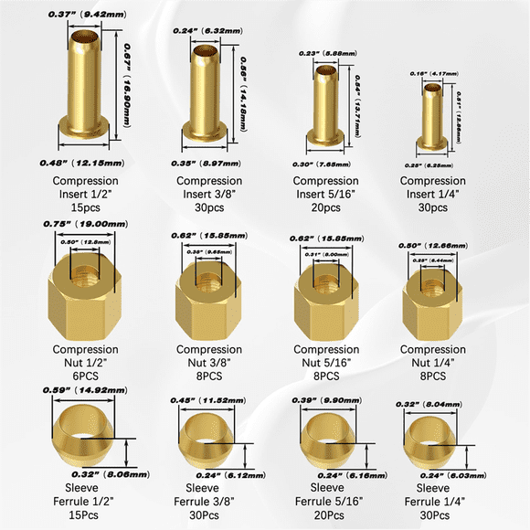220PCS Compression Fittings Assortment Kit - 4 Sizes (1/4in, 3/8in, 5/16in, 1/2in) of Brass Compression Sleeve Ferrule