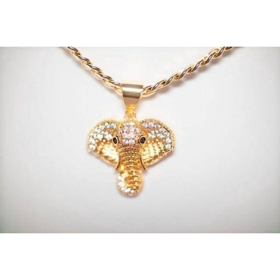 14k Bonded Gold Necklace with Elephant Head Pendent, Best Christmas Unisex Gift for Women, Men Mother, Father, Girlfriend, Boyfriend, Her, Him, Cuban Chain with Charm by Artisan Jeweler