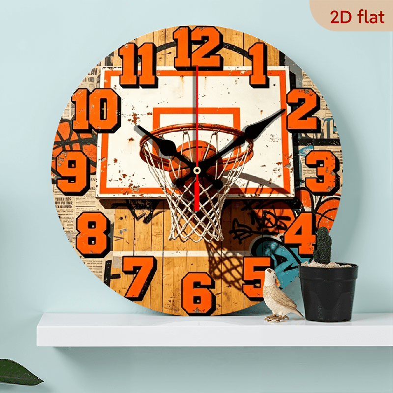 A 10-inch 2D flat wooden round wall clock, themed Basketball Hoop. Perfect for bedroom, living room, office decor. Ideal as Mother's Day or holiday gift.