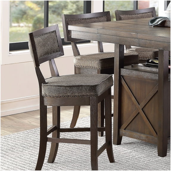 Set of 2 Counter Height Wood Chairs with Fabric Seat, Nailhead Accent for Rustic Kitchen Dining Room