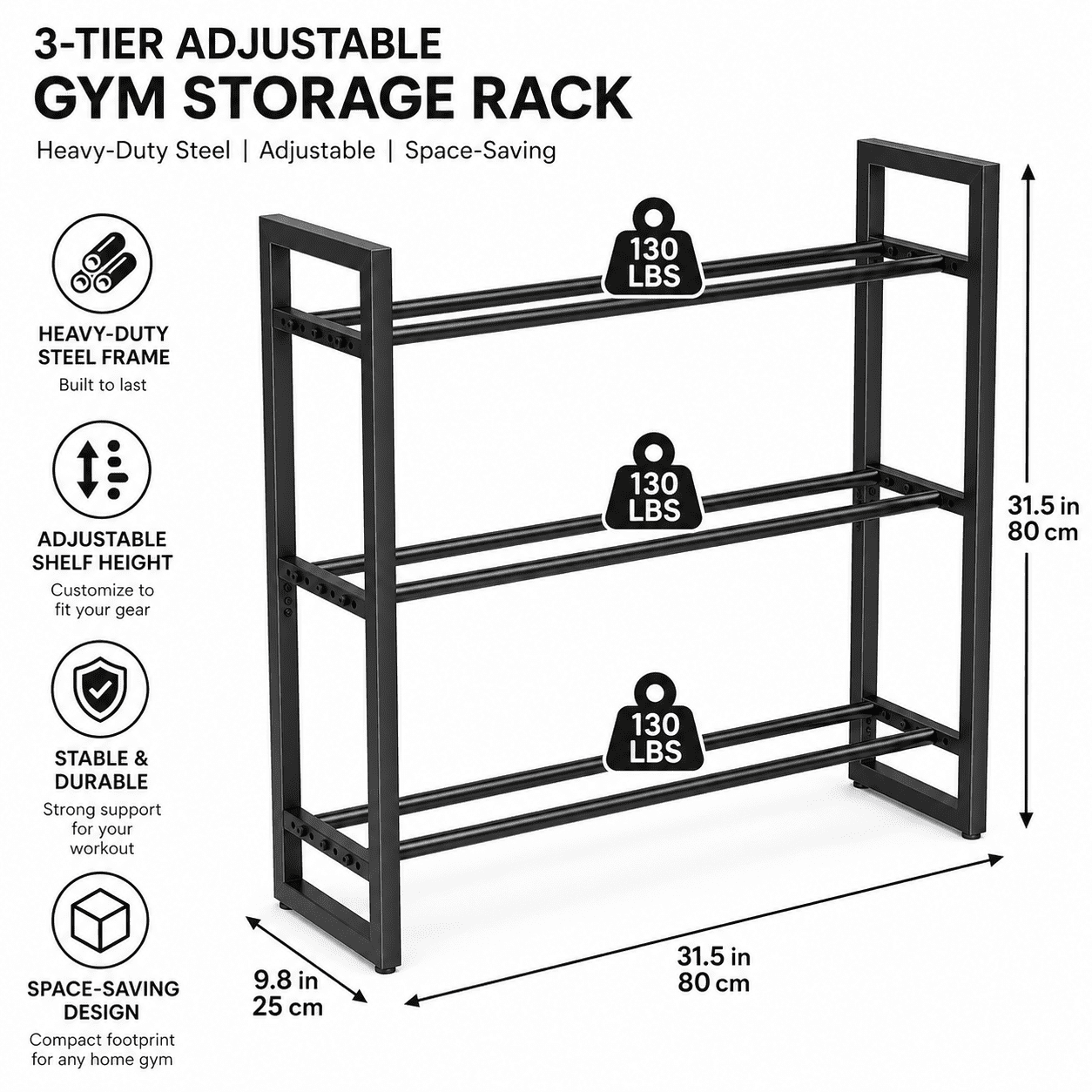 Three-tier dumbbell rack (frame only, dumbbells not included) Suitable for home gyms and compact training spaces Organises and stores dumbbells Maximum load capacity: 390 lbs