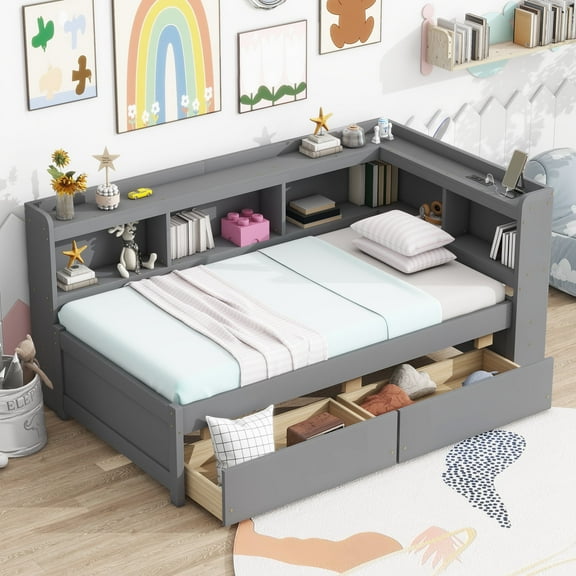 New Twin Size L-shaped Bookcases Bed with Power Outlets, USB Charging Ports,Two Drawers,Grey