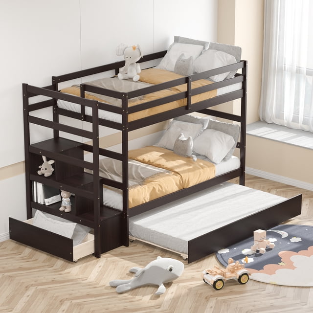 Costway Twin Over Twin Bunk Bed with Trundle Stairway and Storage Shelf Drawer Espresso