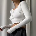 thumbnail image 3 of MesaSe Women Basic Crop Tops Solid Color 1/2 Button Long Sleeve Henry Shirt, 3 of 9