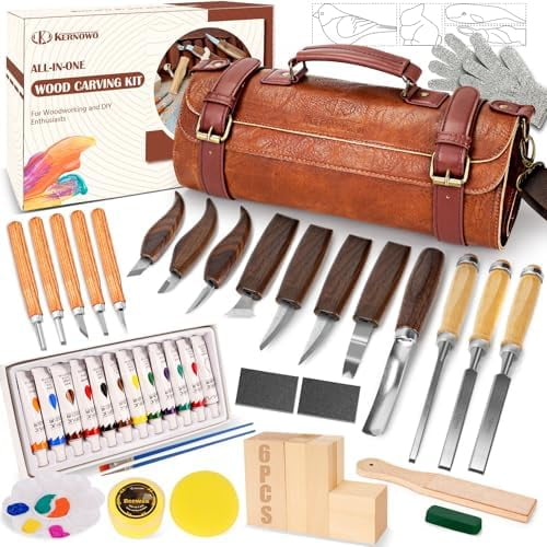 Wood Carving Kit, 50Pcs Wood Carving Tools with 4 Style Templates & 2 Finish Supplies, Wood Whittling Kit with 3 Style Knives & 6pcs Basswood Blocks for DIY and Carving Beginners$$