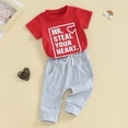 thumbnail image 2 of Bagilaanoe 2Pcs Toddler Baby Boy Valentine's Day Clothes Letter Print Short Sleeve T-Shirt Tops + Sweatpants 6M 12M 18M 24M 3T Kids Pants Set, 2 of 7