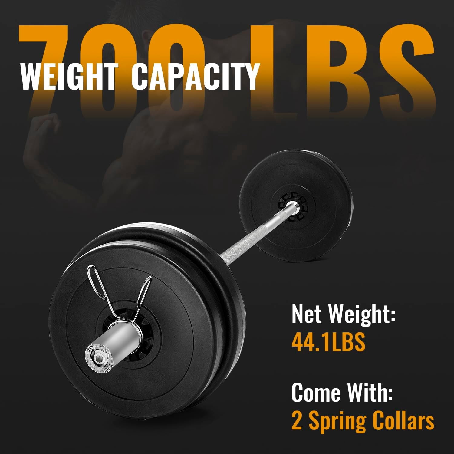 Dkelincs 7ft Olympic Barbell Bar Solid Chrome Weightlifting Barbell with 2 Spring Collars, 700 lbs Capacity