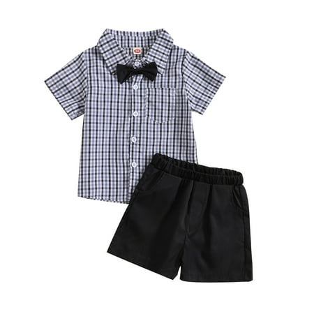 

Kid Toddler Boys Outfits Summer Short Sleeved Plaid Shirt Bow Tie Black Shorts Performance Infant Clothes Size 110 Black