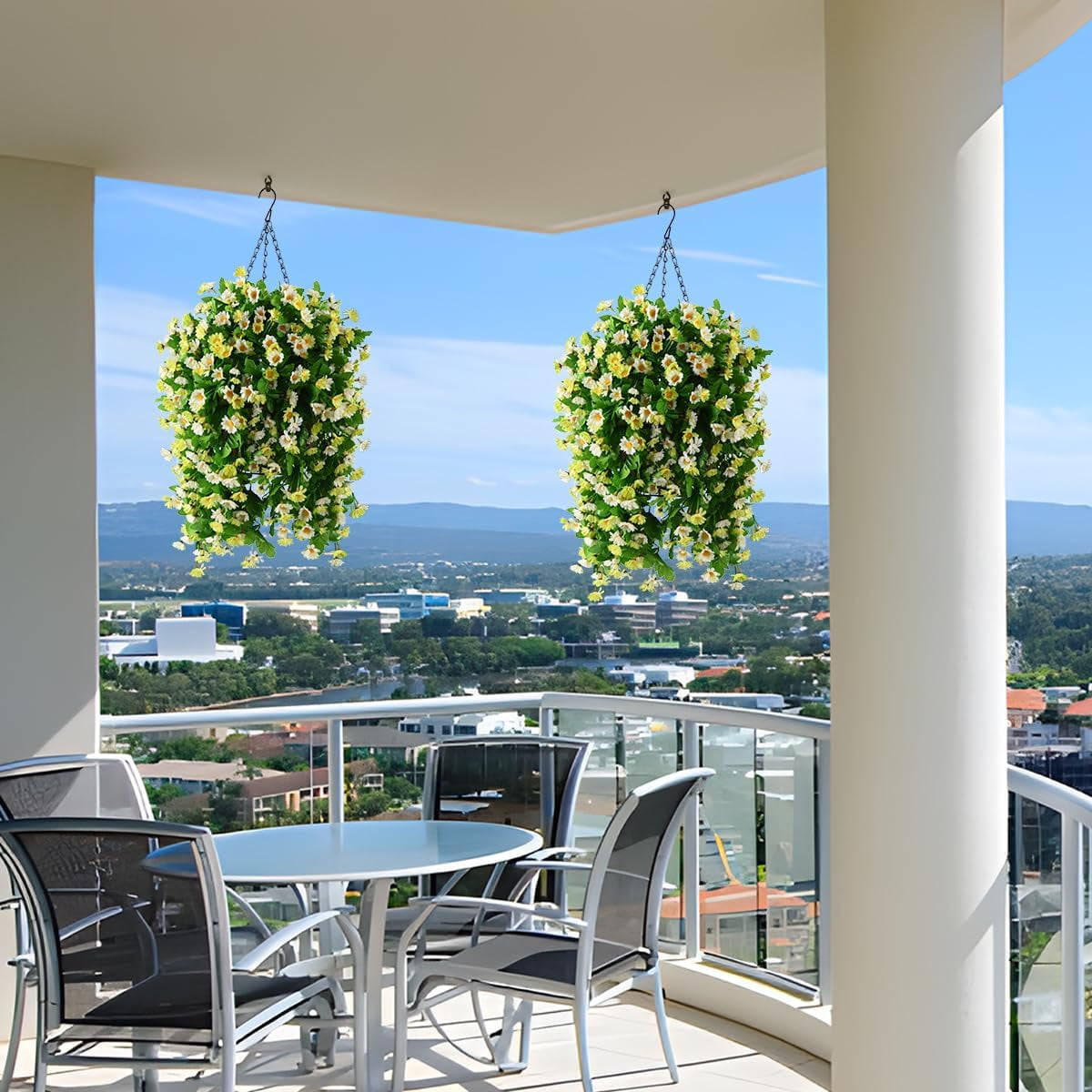 Artificial Silk Flowers in Hanging Basket Outdoor Indoor Garden Decor,Hanging Daisy Flowers with 12inch Coconut Lining Chain Palm Flowerpot(White Green)
