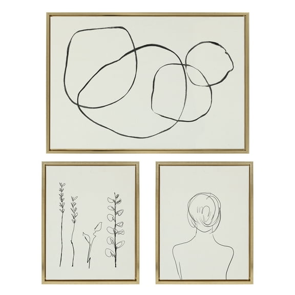 Kate and Laurel Sylvie Going in Circles, Grow, and Minimalist Woman Framed Linen Textured Canvas Wall Art Set by Teju Reval of SnazzyHues, Set of 3, Bright Gold Frames, Abstract Art for Wall