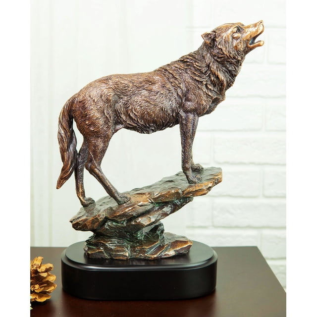 Midnight Moon Howling Alpha Gray Wolf Statue In Bronze Electroplated Finish