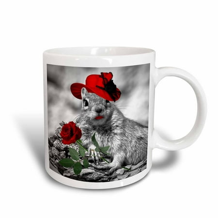 3dRose Sweet lady squirrel in a red hat with a red rose is adorable in this zany digital composition., Ceramic Mug,
