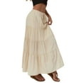 thumbnail image 2 of Women Tiered Long Skirts Pleated A Line Adjustable Elastic Waist with Drawstring Flowy Long Skirt Beige L, 2 of 9