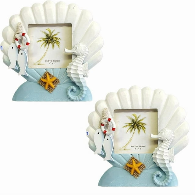 LEEYNEER3-Inch Photo Frame Set of 2- Shell Photo Frame for Summer Vacation Memory Handmade Nautical Picture Frame for Tabletop Light Blue