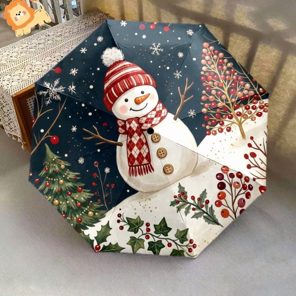 Christmas Snowman Print Automatic Folding Umbrella, Portable 8-Rib Windproof Rain Umbrella for Outdoor, Travel, and Daily Use