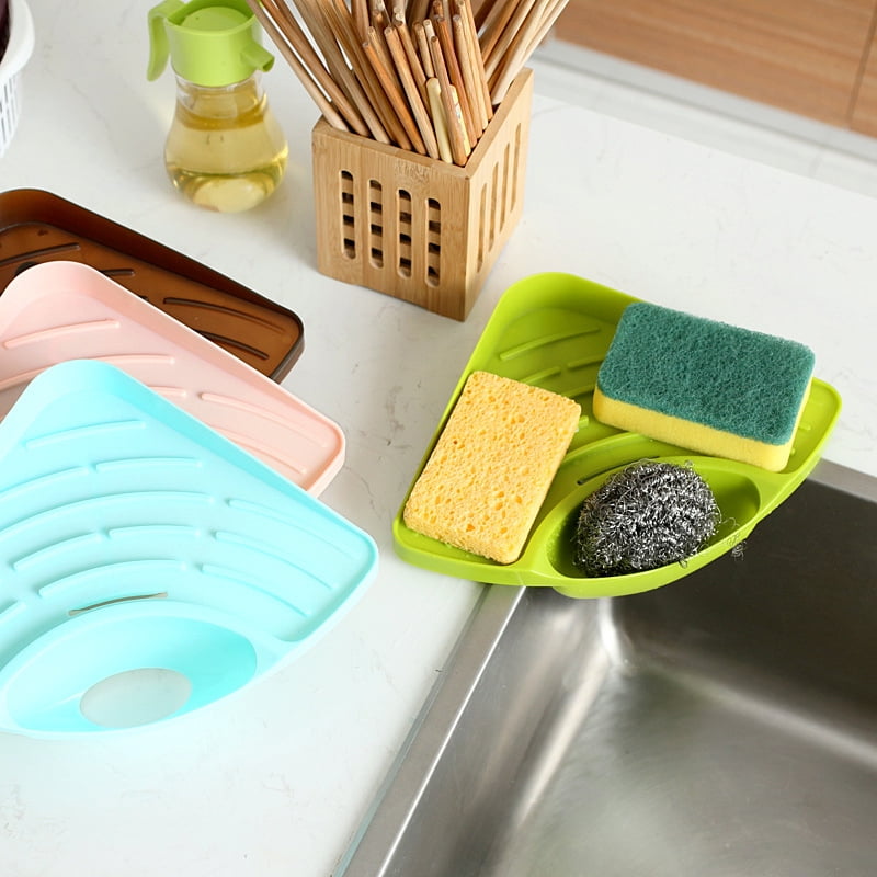 Triangular Kitchen Sink Corner Shelf Wall Mounted Sponges Storage Rack With Drain Grooves Sky Blue Kitchen Sink Corner Shelf Wall Mounted