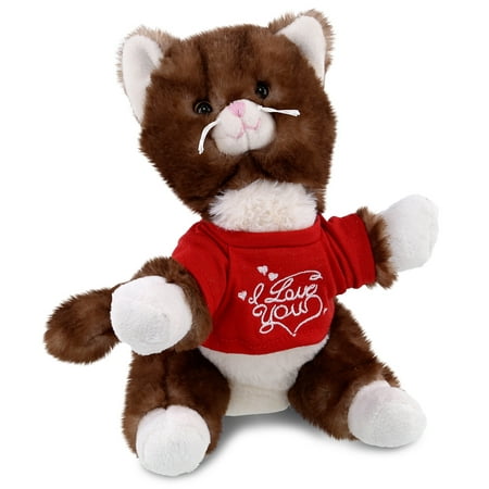 

DolliBu I LOVE YOU Brown Cat Plush with Clothes - Cute Stuffed Animal with Red Shirt For Valentine Anniversary Romantic Date Boyfriend or Girlfriend Gift - 7 Inch