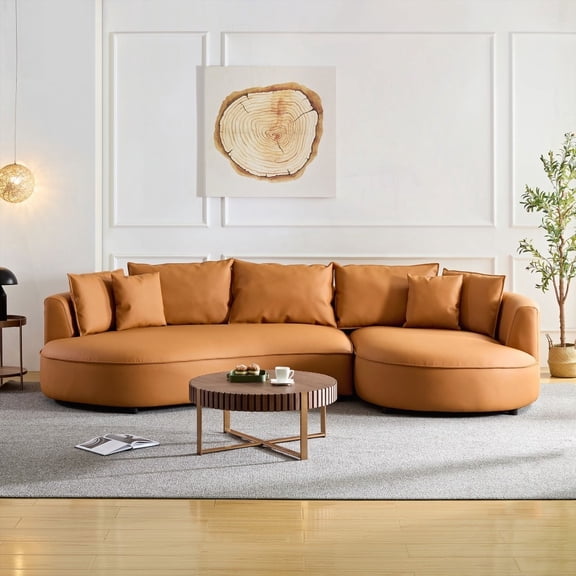 Upholstered 5-Seat Sofa Couch in Orange - Eco-leather for Living Room with Curved Design