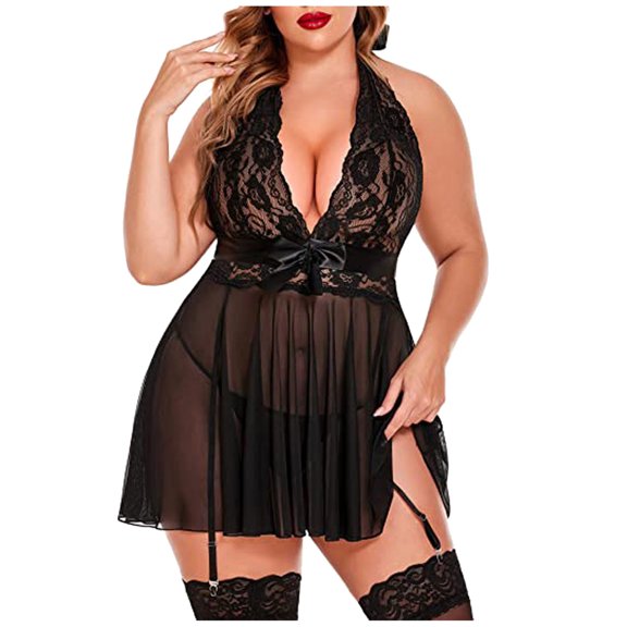 Puntoco Plus Size Nightdress Clearance,Plus Size Women Lingerie Lace Halter Nightgown Underwear Nightdress T-String Sleepwear Suit Black L(L)