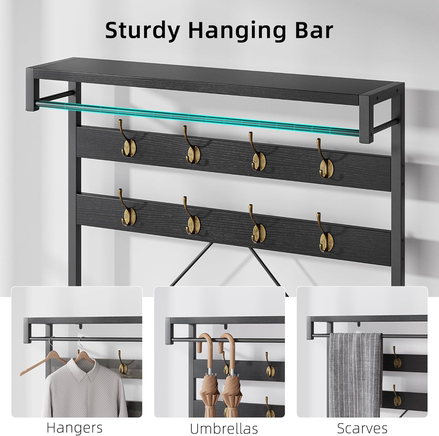 EastVita Coat Rack Shoe Bench Industrial Hall Tree Storage Bench for Entryway Wood Look Accent Large Shoe Rack Bench with Storage Shelf Hanging Bar,8 Hooks Grey 39.9"x15.7"x72"