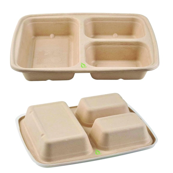 [100 Pack] 36oz 3 Compartment Compostable Food Storage Container - Biodegradable, Sugarcane, Plant Fiber, Heavy Duty, Microwavable, Tree Free, Ecofriendly, Lunch Trays, Meal Prep, Bento (36 Ounce)