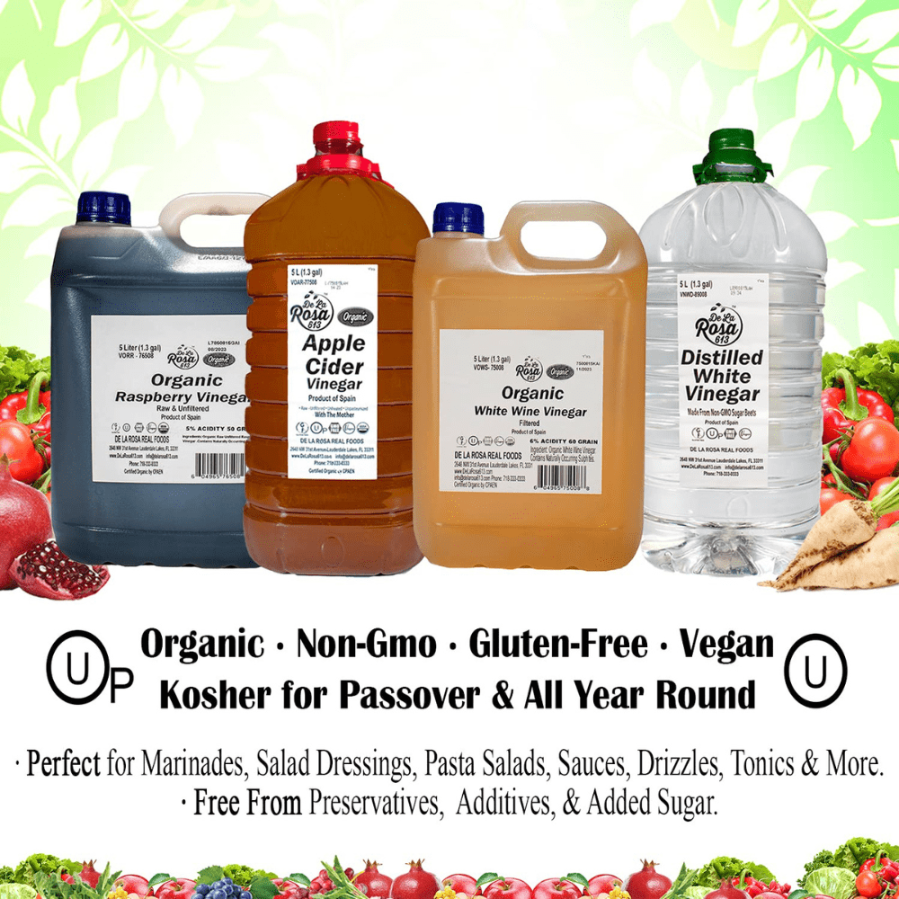 De La Rosa 613 Organic White Wine Vinegar, Filtered, Vegan, Gluten-Free, 5 Liters