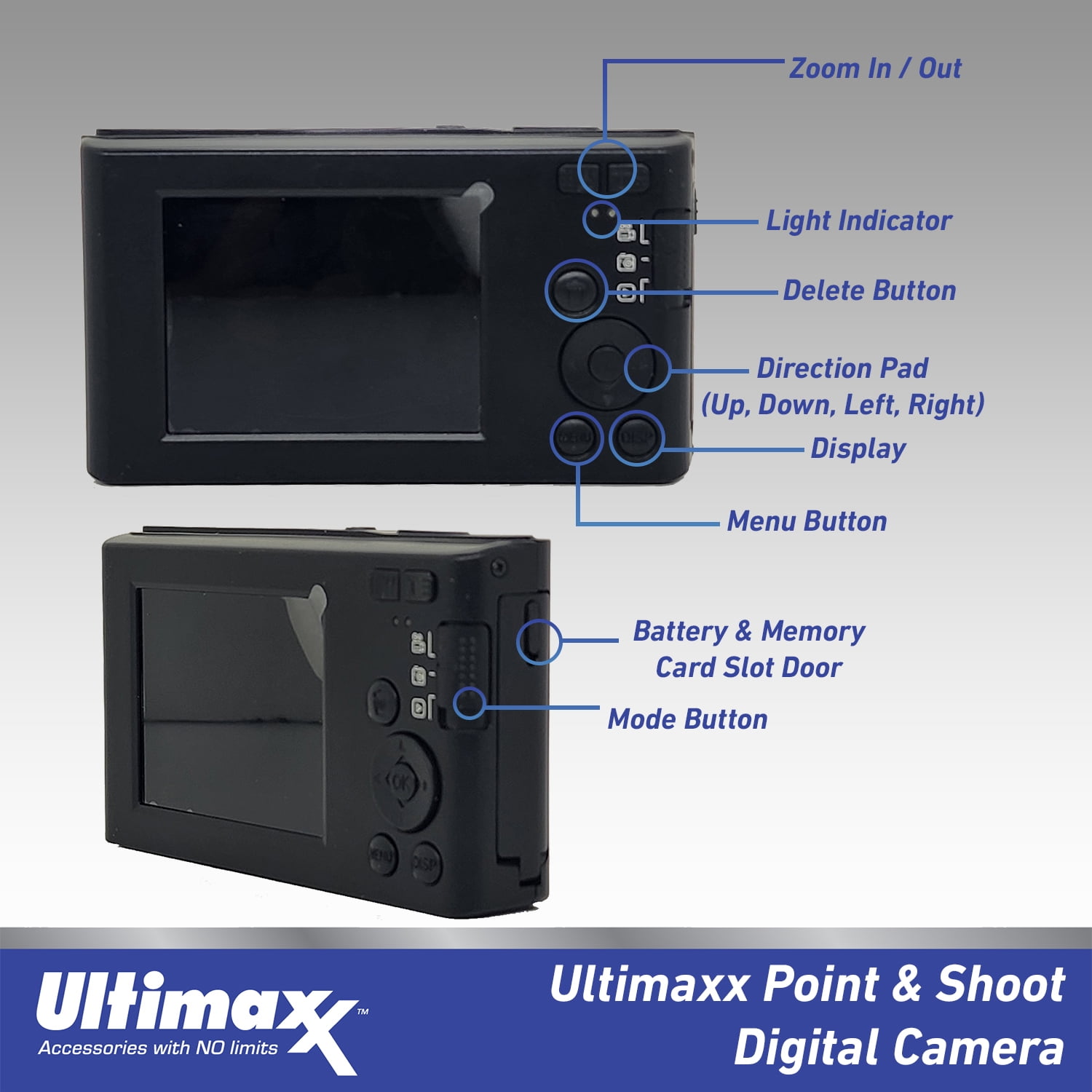 Ultimaxx 44MP Portable Point & Shoot Digital Camera with 16x Digital Zoom, 32GB SD Card, Case & USB Cable, Black