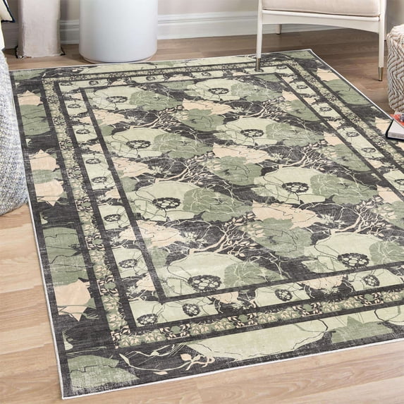 Poppy Decorative Rug, Garden Art Print of Blossoming Wild Meadow Flowers in Colored Style, Quality Carpet for Bedroom Dorm and Living Room, 6 Sizes, Dark Grey and Sage Green, by Ambesonne