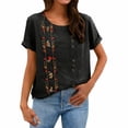 thumbnail image 4 of Womens Embroidered Tops Boho Peasant Gauze Blouses Flowy Tops For Women Solid Color Work Blouses Short Sleeve Henley Tops Lightweight Linen Blouses For Women Peasant Blouse Black 2XL, 4 of 9