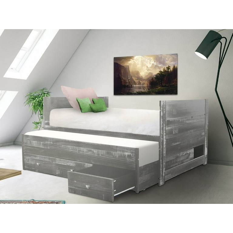 Bedz King Twin Captains Bed with Trundle 3 Built In Drawers Storage Headboard Kids Size Weathered Gray Walmart