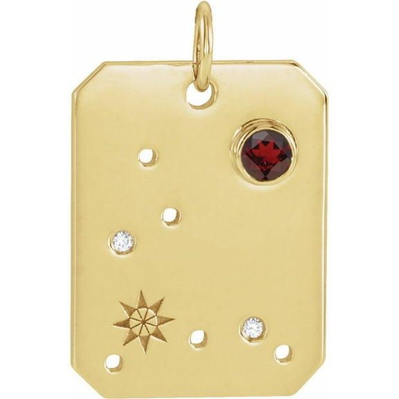 14k Yellow Gold Round Shape Mozambique Garnet and .0075 cttw Diamond Pisces Zodiac Constellation Pendant Fine Jewelry for Women Gifts for Her (19.03x12.41mm, G-H, I1)