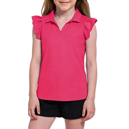 PiGOGI Girls Ruffle Sleeve Lapel T-Shirt Solid Color Casual Summer Top Soft Breathable Cute Blouse 9Years
