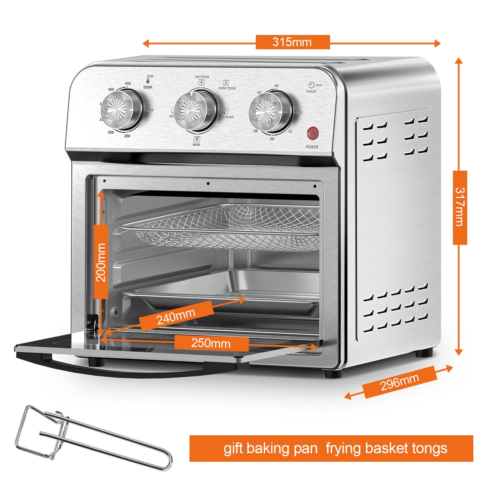 Plum Chef 13QT Air Fryer Toaster Oven Combo, 7-in-1 Multifunctional Countertop Oven with 360° Hot Air Circulation for Healthy Oil-Free Cooking, Family Size, Stainless Steel, Silver