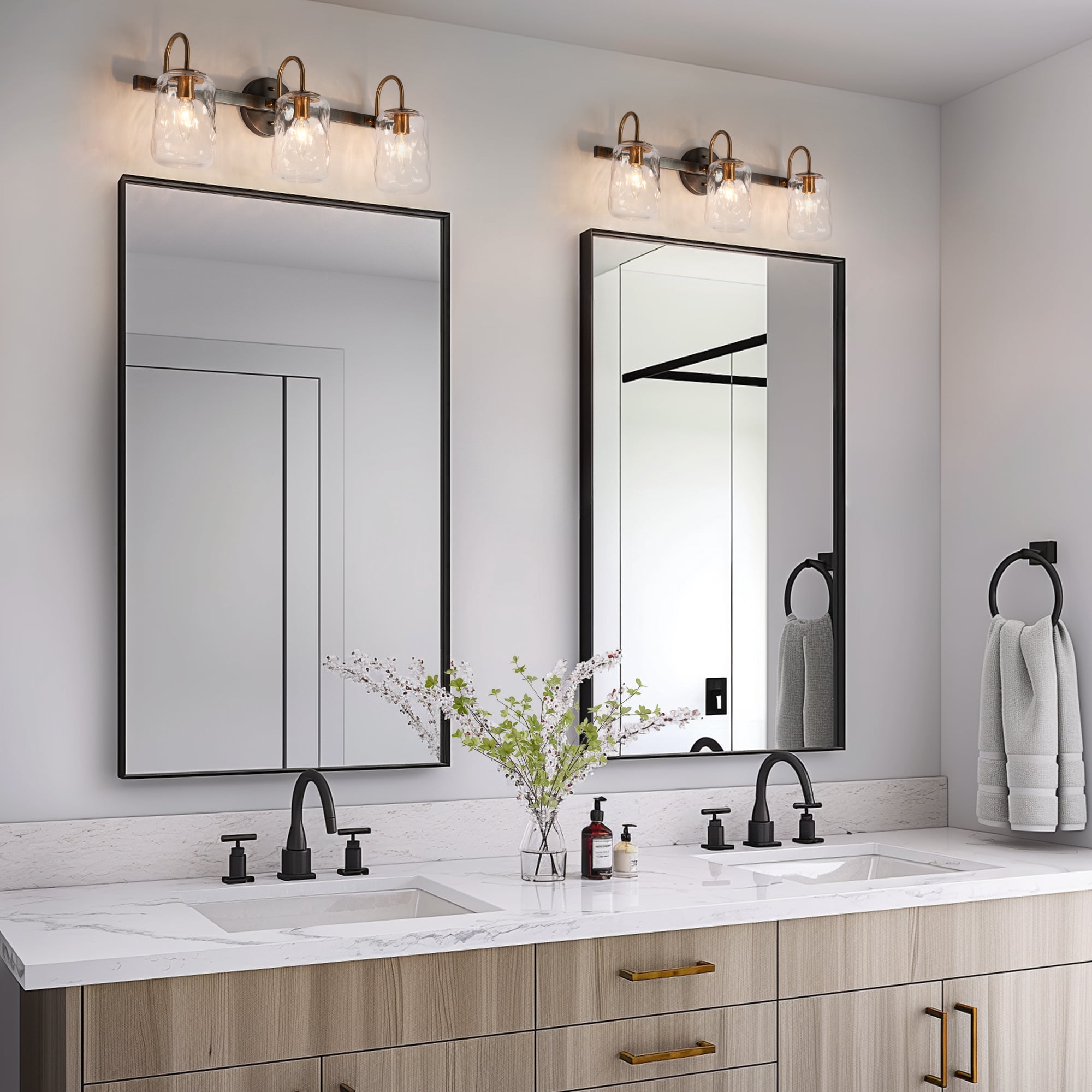 LNC Modern 3-Light Bathroom Vanity Light with Clear Water Glass, Black and Gold Fixture