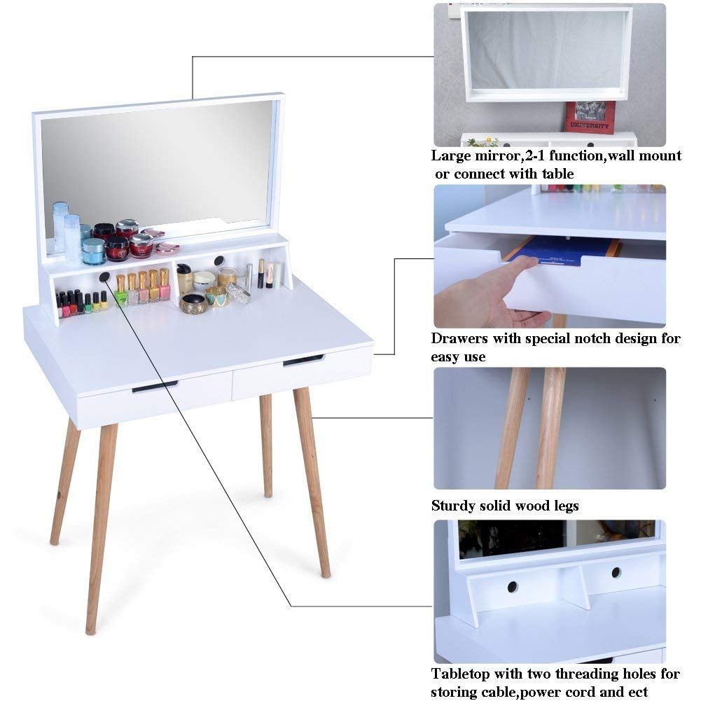 Organizedlife White Large Makeup Vanity Table Desk with Drawers and Mirror Jewelry Armoire
