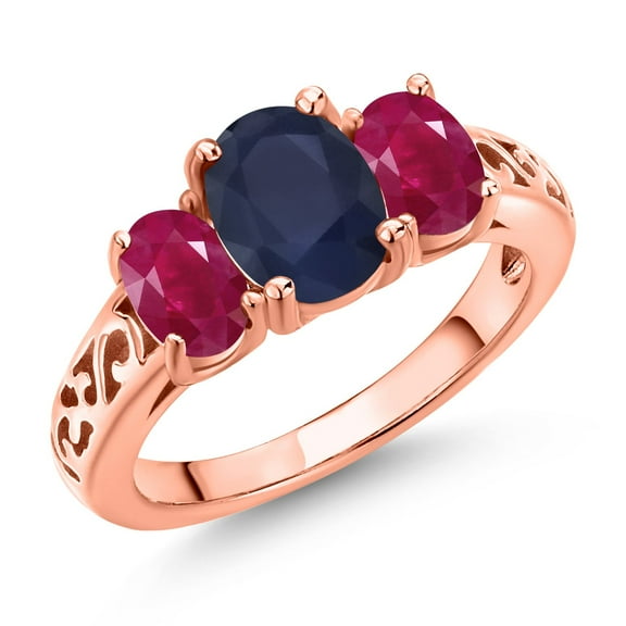 Gem Stone King 18K Rose Gold Plated Silver Blue Sapphire and Red Ruby Filigree Style 3 Stone Ring for Women (3.00 Cttw, Oval 8X6MM and 6X4MM) (Size 7)