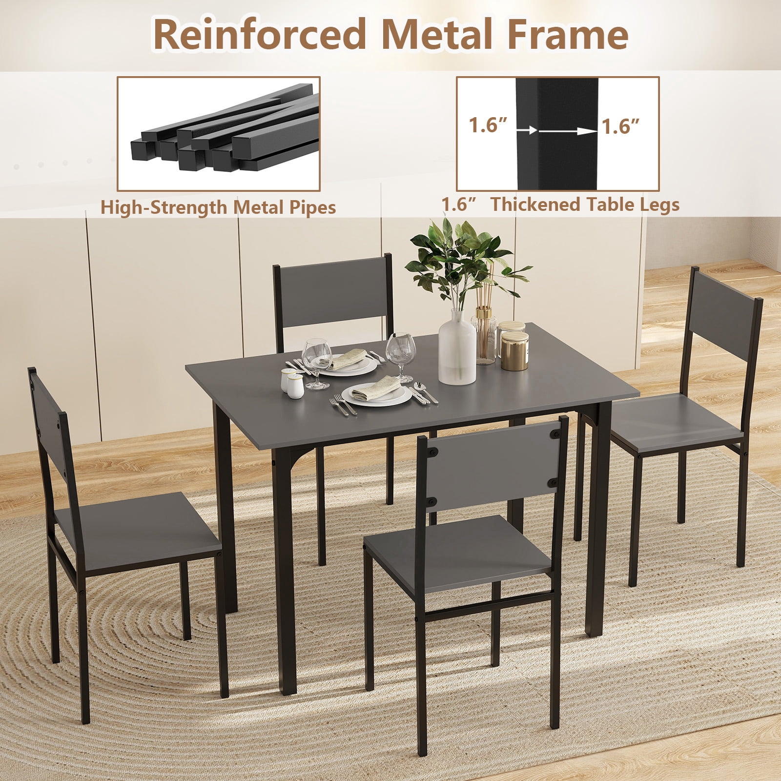 Costway 5 PCS Dining Table Set Industrial Style Kitchen Table & Chairs for 4 Gray