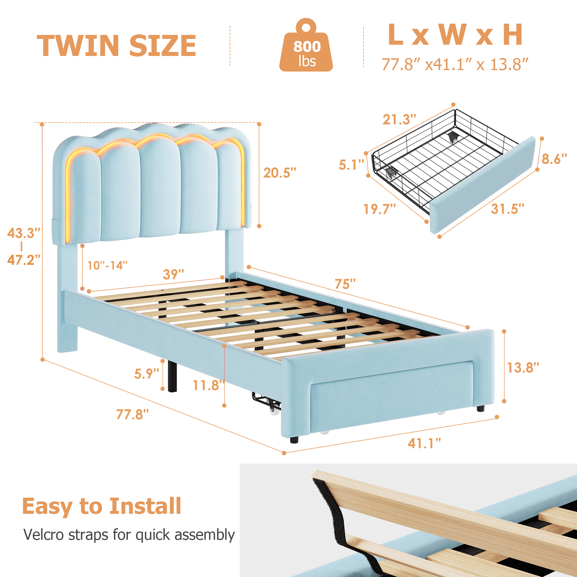 Hijob Twin Size LED Bed Frame for Boys/Kids with Storage Drawers, Velvet Upholstered Platform Bed with Adjustable Headboard, Built in Charging Station, Blue