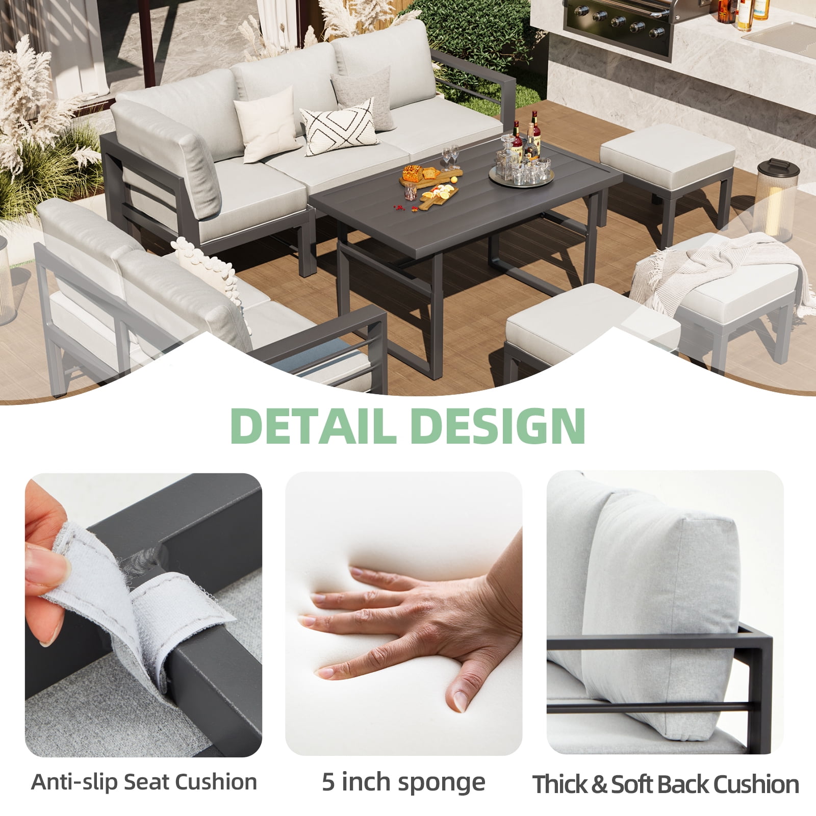 YODOLLA 7 Pieces Aluminum Patio Furniture Sets on sale with Adjustable Coffee Table with Light Grey Cushions