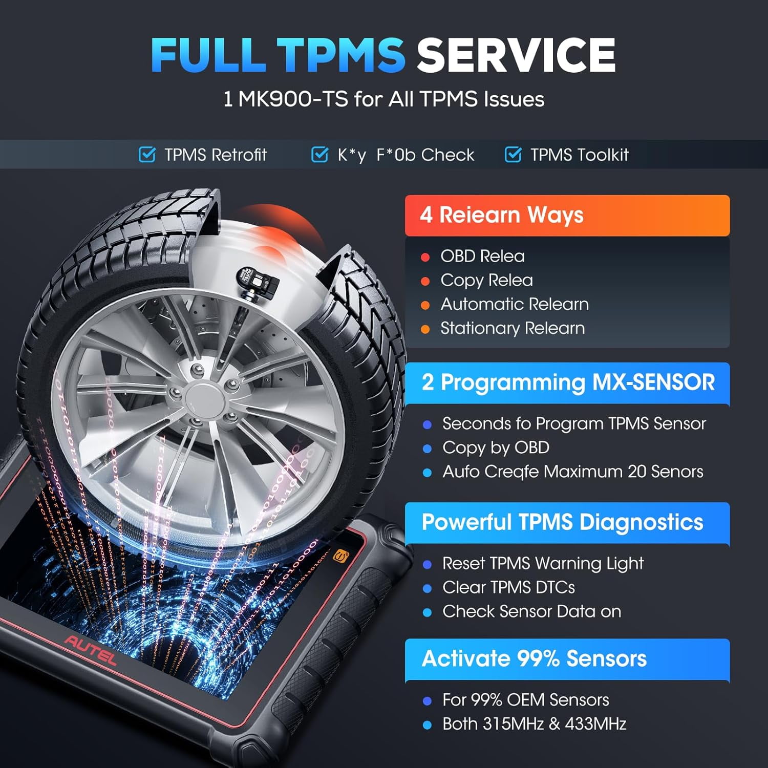 2025 Autel MaxiCOM MK900-TS Scanner, MK900-TS Up of MK808S-TS MK900BT MK900 MX900, Bidirectional Scan Tool w/Top TPMS Function, All System, CAN FD & DoIP, 3000+ Active Test, 40+ Service, FCA, OS 11.0