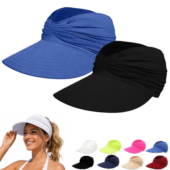 2 Pack Summer Beach Hats VLOOCKLW Wide Brim UV Protection Sun Visor Hats, UPF50 Lightweight Foldable Ponytail Sports Cap Black