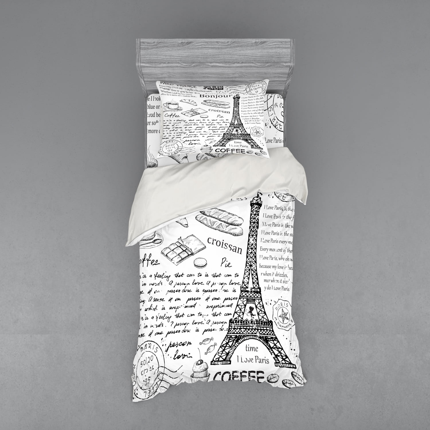 Paris Duvet Cover Set, Traditional Famous Parisian Elements Bonjour